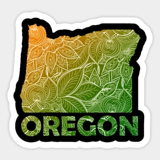 Colorful mandala art map of Oregon with text in green and orange Sticker